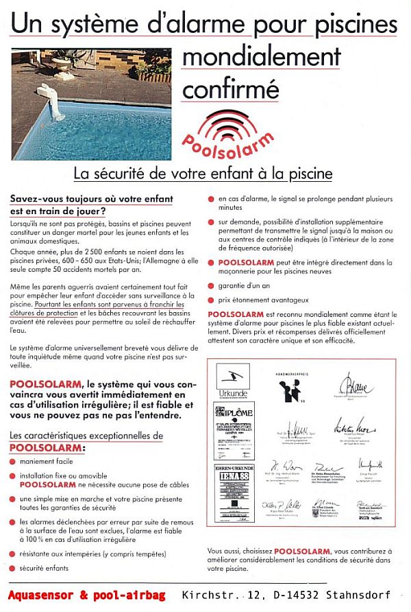 L'alarme piscine Piscin'Alarm permet d'assurer la protection de votre piscine et la scurit des enfants prs de la piscine. piscine alarm over-fulfills the AFNOR standard NF P90-307/A1 